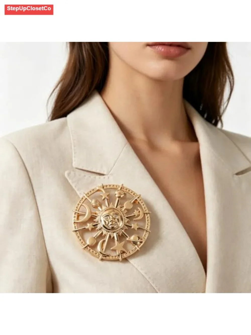 Vintage Moon Sun Brooch Pin Chunky Star Bohemian Statement